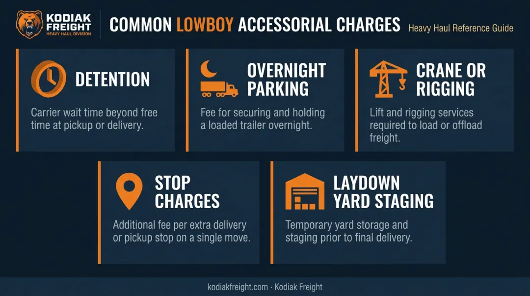 Five common lowboy trucking accessorial charges explained with cost impact icons
