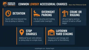 Five common lowboy trucking accessorial charges explained with cost impact icons