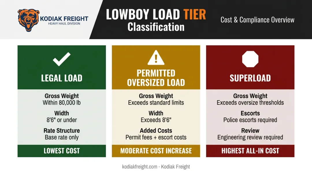 Three-tier lowboy load classification comparison legal permitted and superload costs