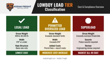 Three-tier lowboy load classification comparison legal permitted and superload costs