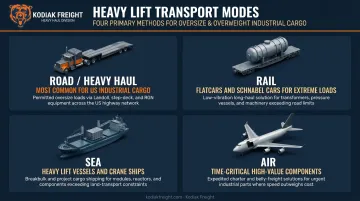 Four heavy lift transport modes road rail sea and air comparison infographic
