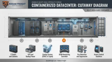 Containerized data center component diagram showing racks UPS and cooling systems