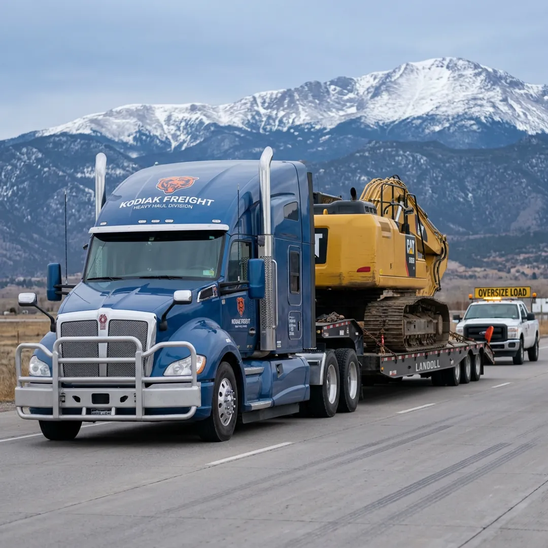 Heavy equipment shipping truck in Denver