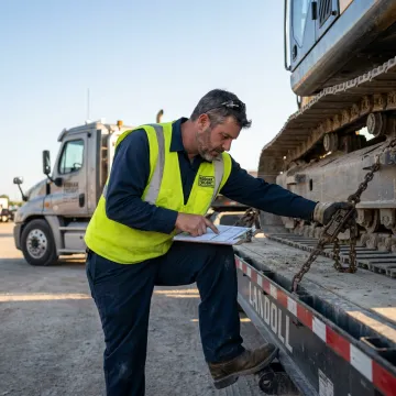 Heavy equipment being secured on a specialized transport trailer