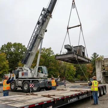 Crane lifting oversized machinery at job site