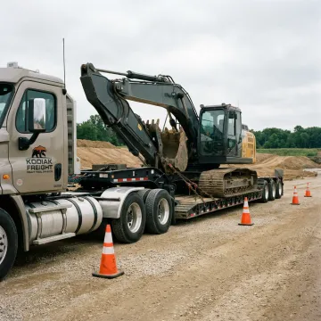 Construction equipment loaded on heavy-haul trailer