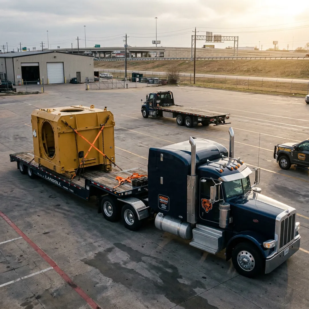Flatbed truck transporting heavy equipment