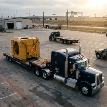 Flatbed truck transporting heavy equipment
