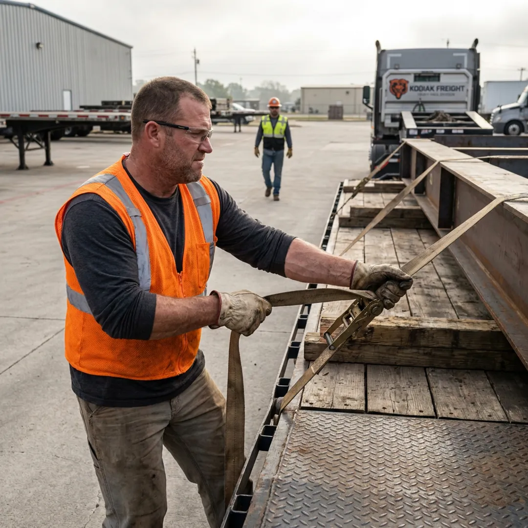 Flatbed truck hauling industrial equipment