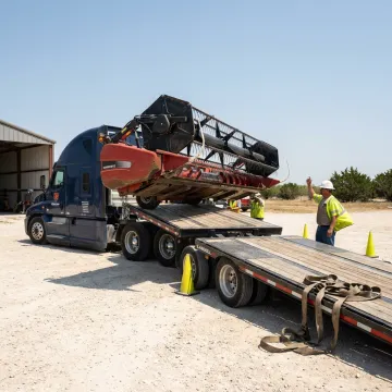 Heavy-haul truck transporting farm equipment