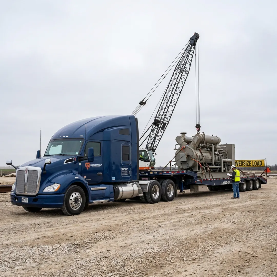Heavy equipment being hauled on specialized trailer