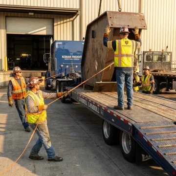 Rigging crew loading heavy machinery