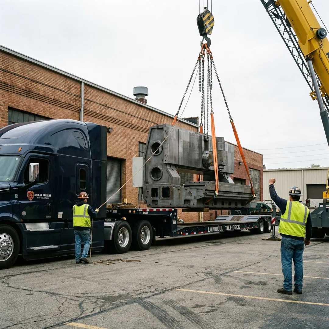 Heavy machinery being loaded onto trailer