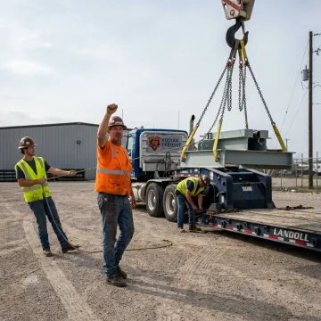 Crew coordinating heavy equipment rigging