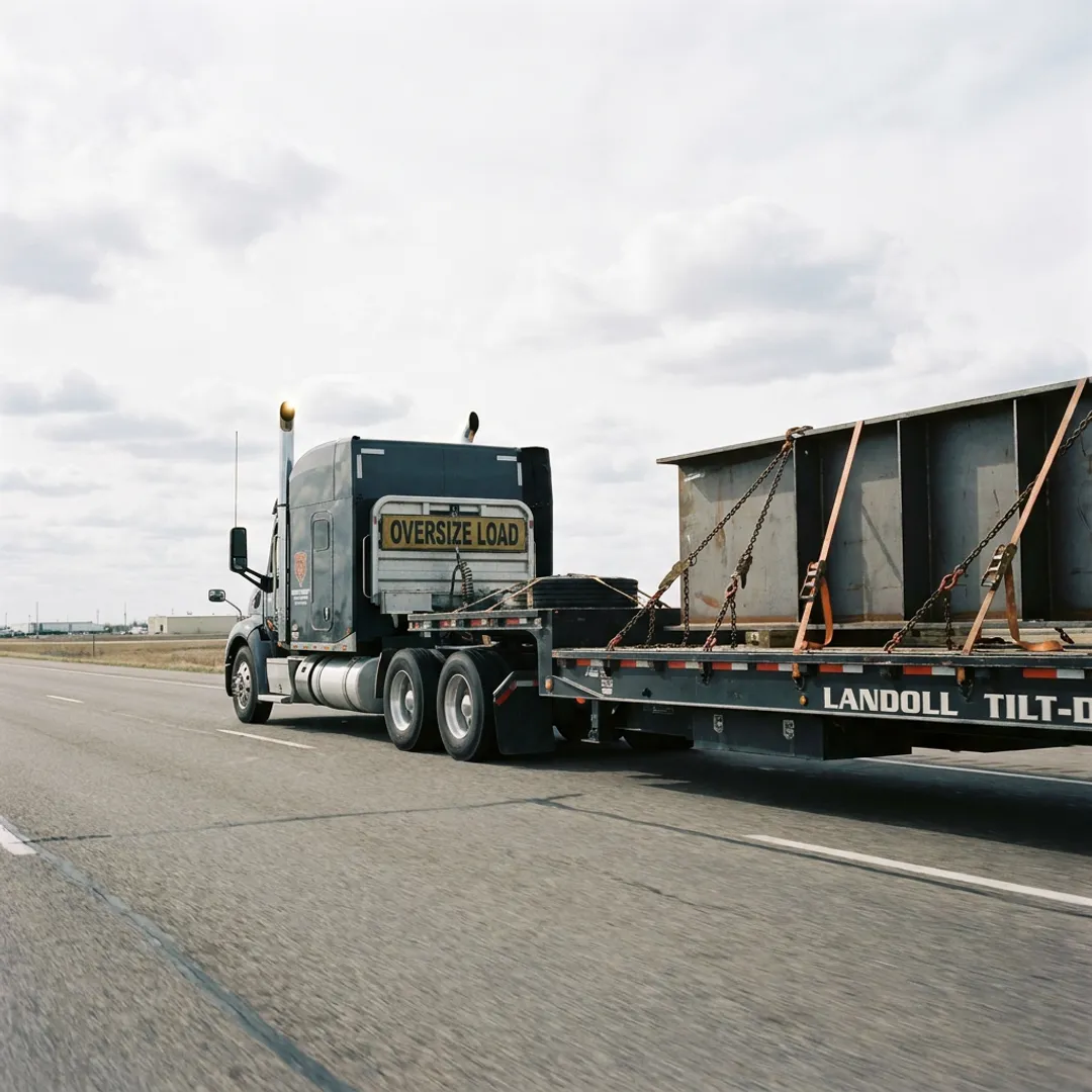 Flatbed truck hauling heavy equipment
