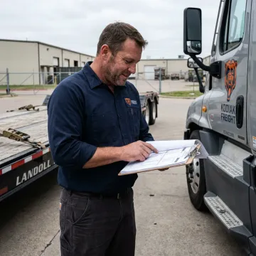 Flatbed driver reviewing paperwork beside truck