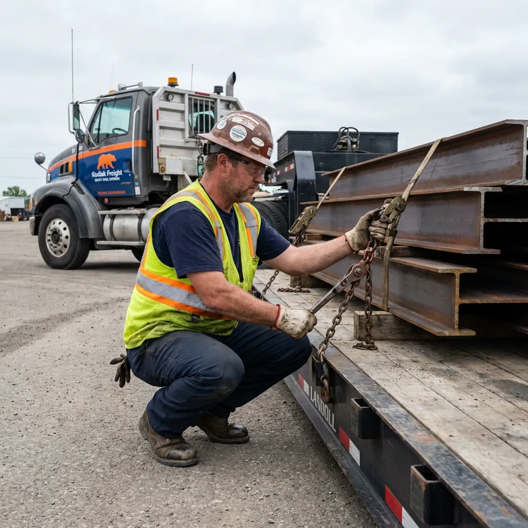 Heavy-haul truck transporting steel beams
