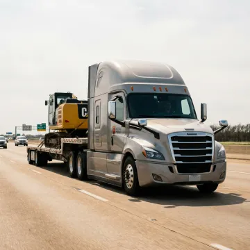 Step-deck truck hauling heavy machinery
