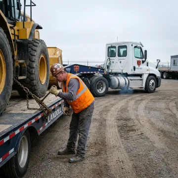 Driver securing heavy equipment on a step deck trailer