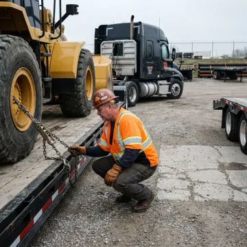 Heavy haul driver inspecting secured plant equipment