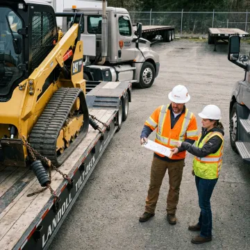 Flatbed freight team planning heavy equipment shipment