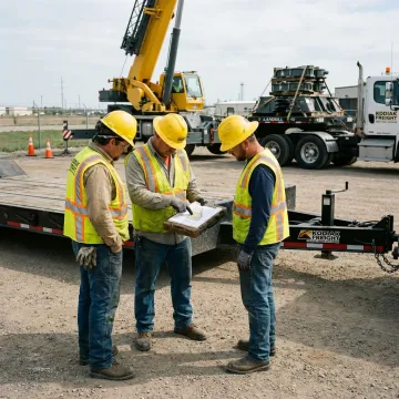 Crew planning a heavy equipment rigging move