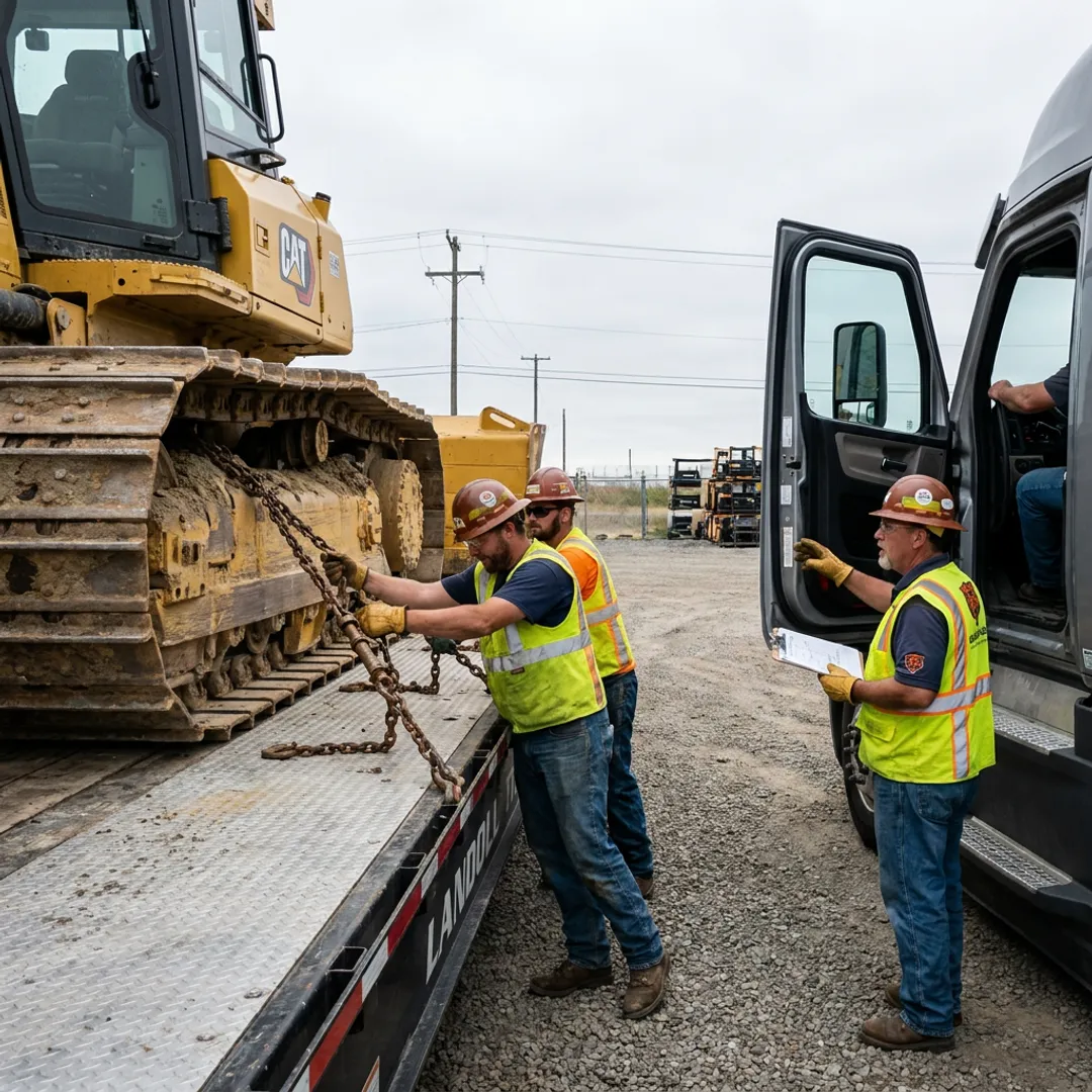 Heavy machinery being secured for transport