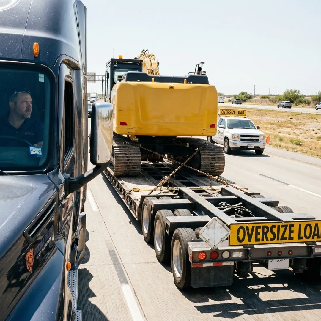 Oversized heavy equipment on specialized transport trailer