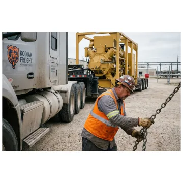 Heavy haul truck preparing oversized equipment transport