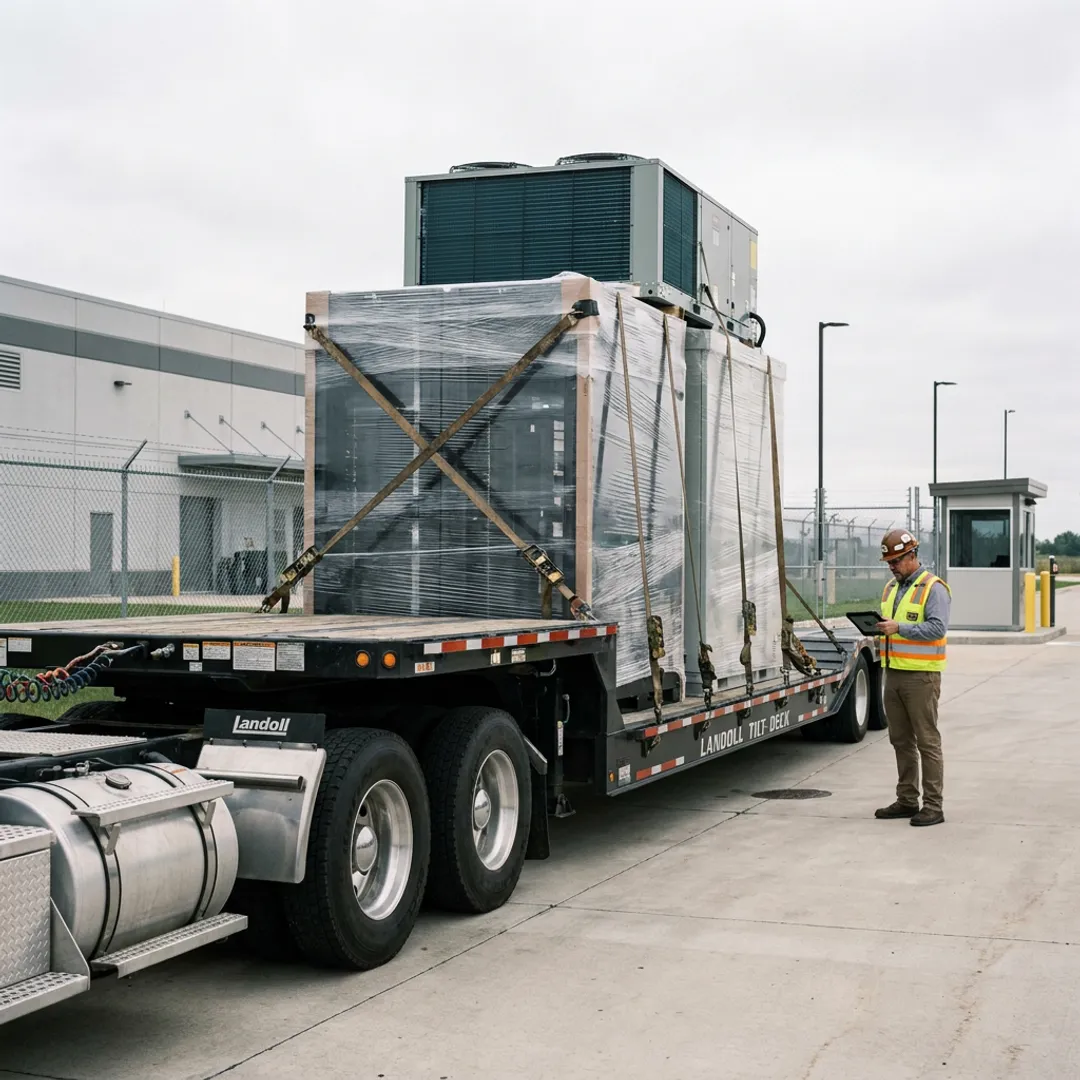 Data center equipment prepared for heavy-haul relocation
