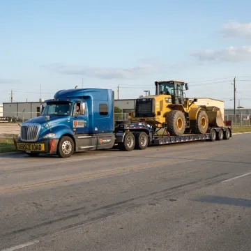 Heavy equipment loaded on a transport trailer