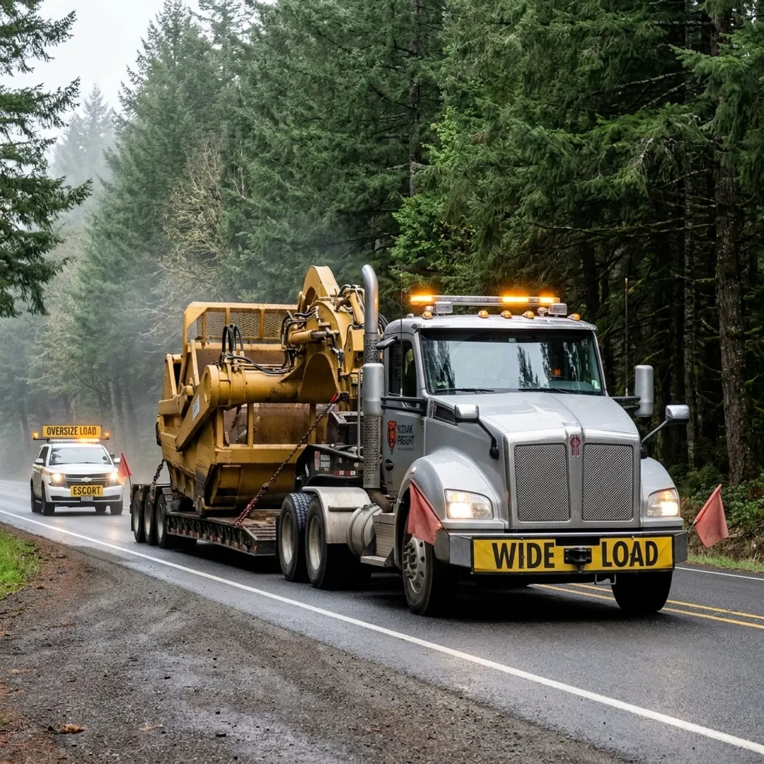 Heavy haul truck carrying oversized equipment in Oregon