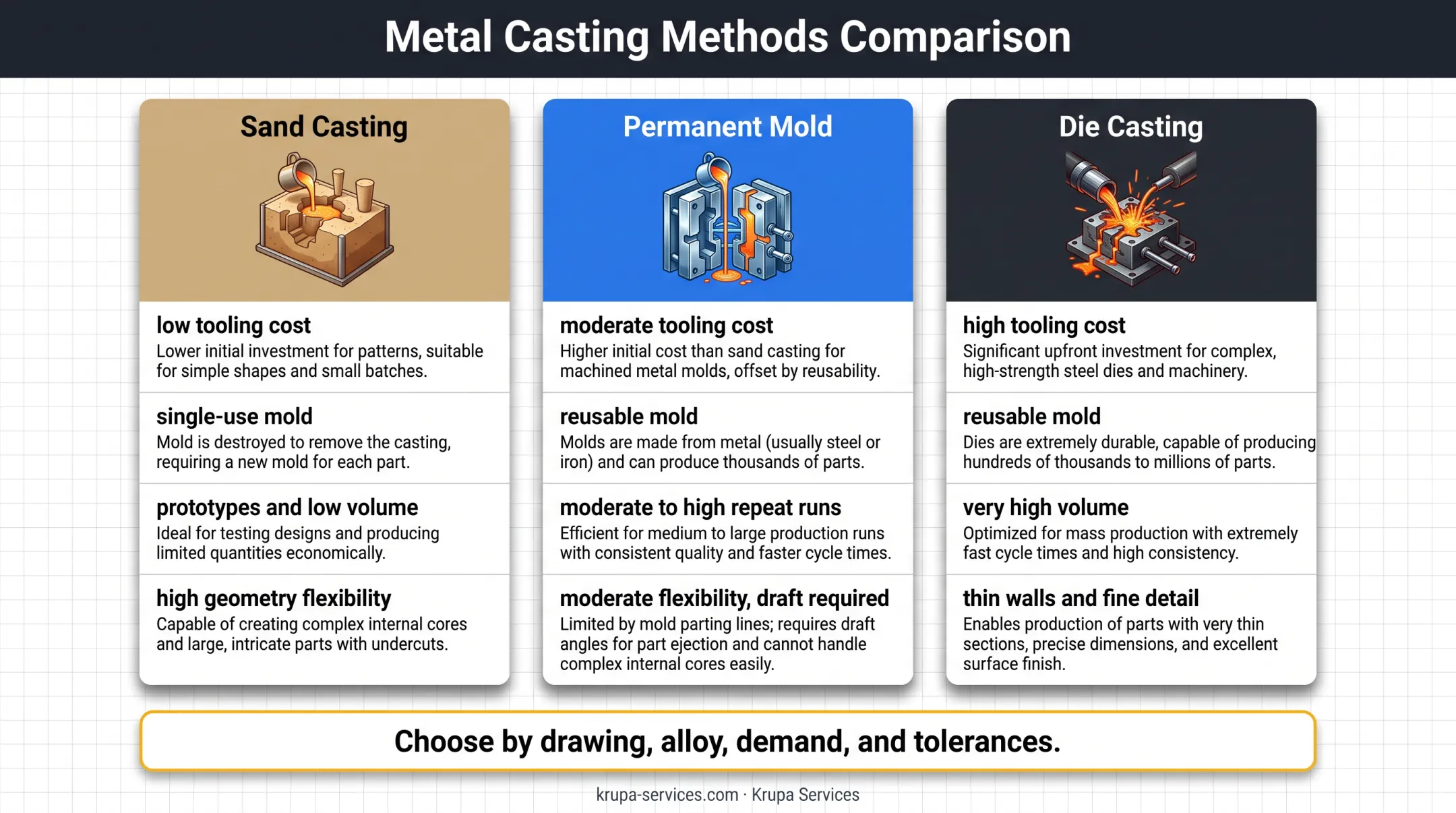 Sand permanent mold and die casting process comparison