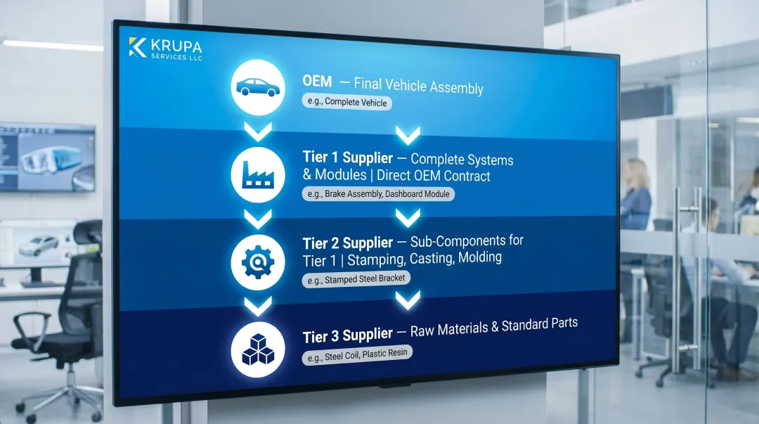 Automotive supply chain three-tier hierarchy showing OEM supplier roles and relationships