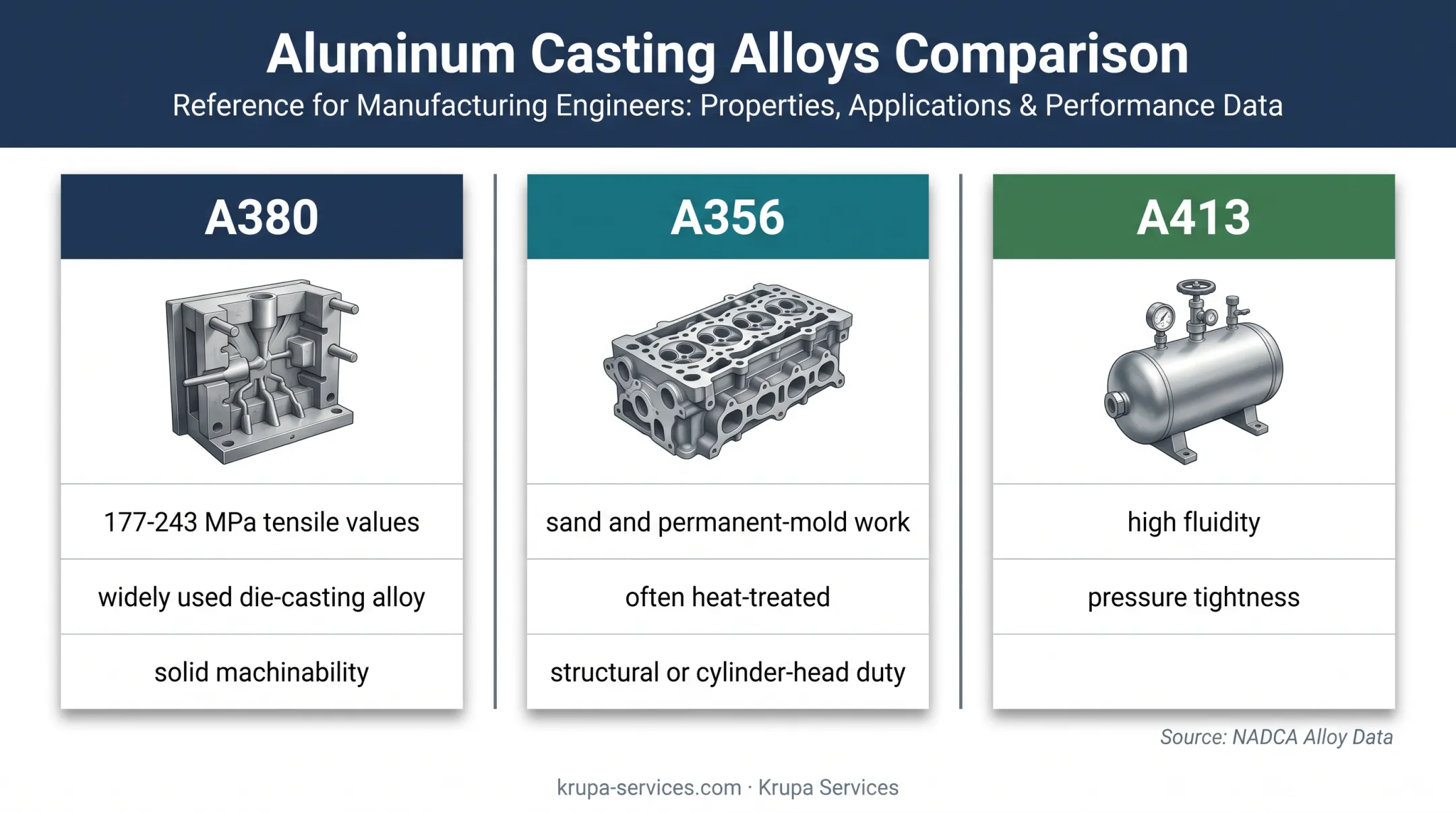 A380 A356 and A413 automotive aluminum alloy selection comparison