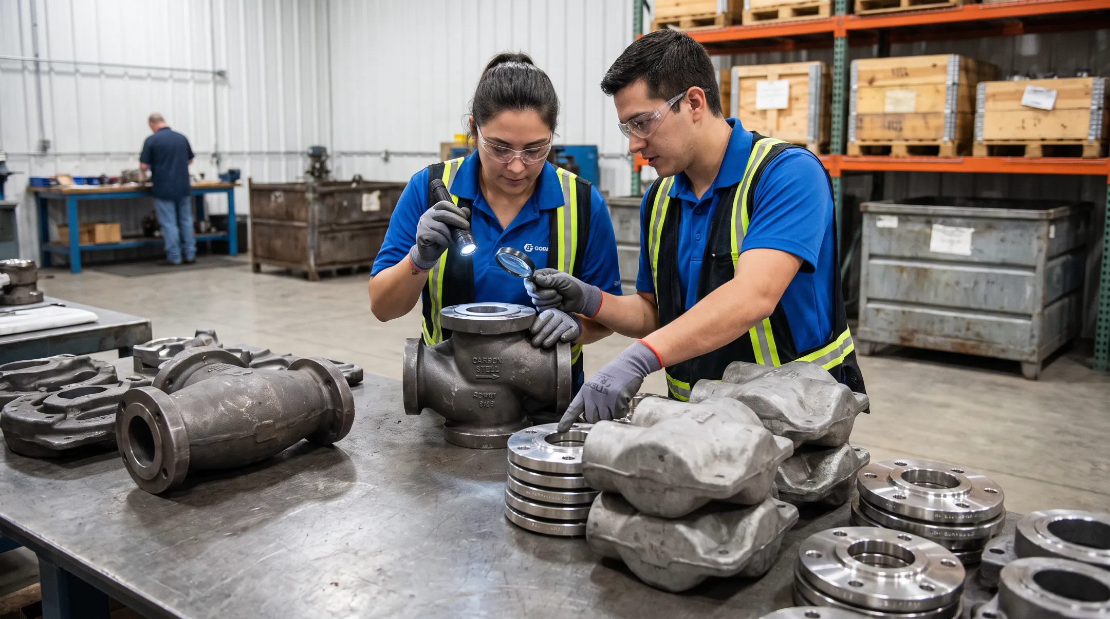 Krupa Services team inspecting industrial valve castings before shipment