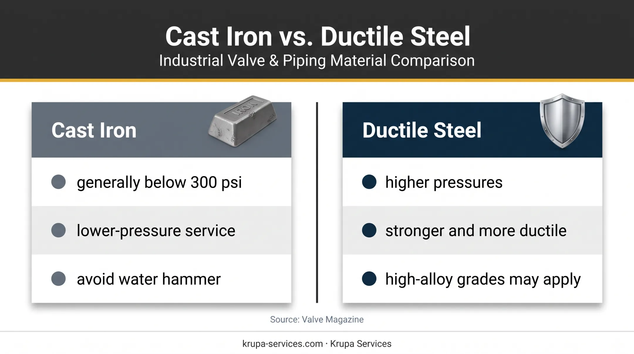 Valve material selection by pressure and water hammer conditions