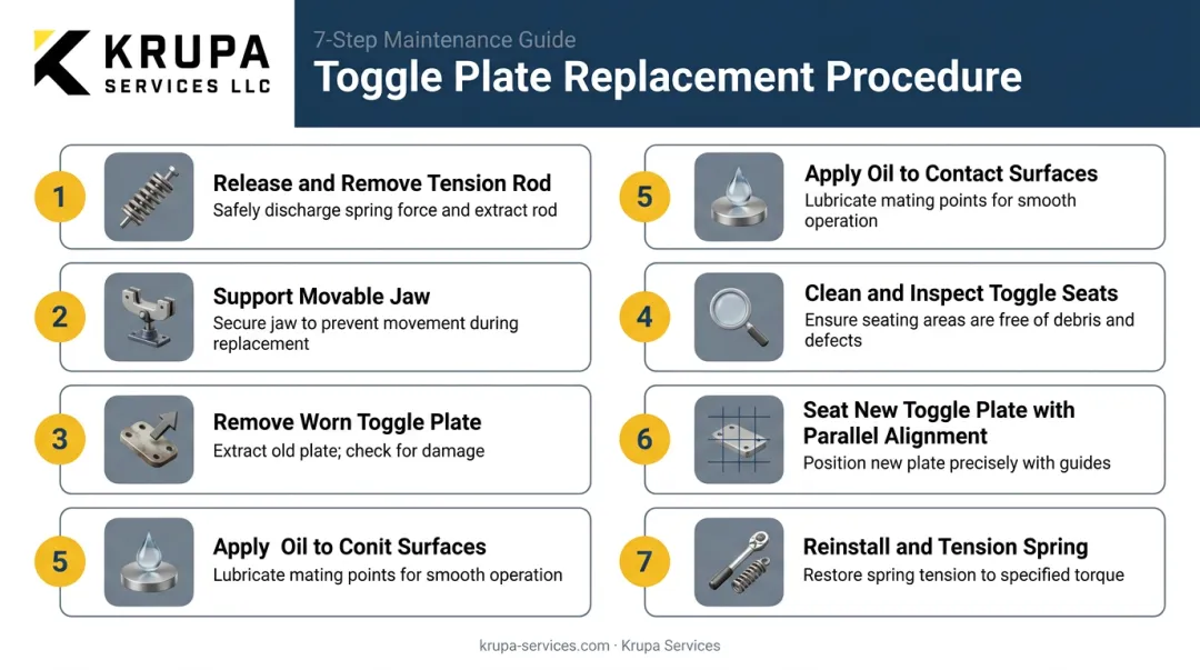 7-step jaw crusher toggle plate replacement sequence from tension rod removal to spring reinstallation