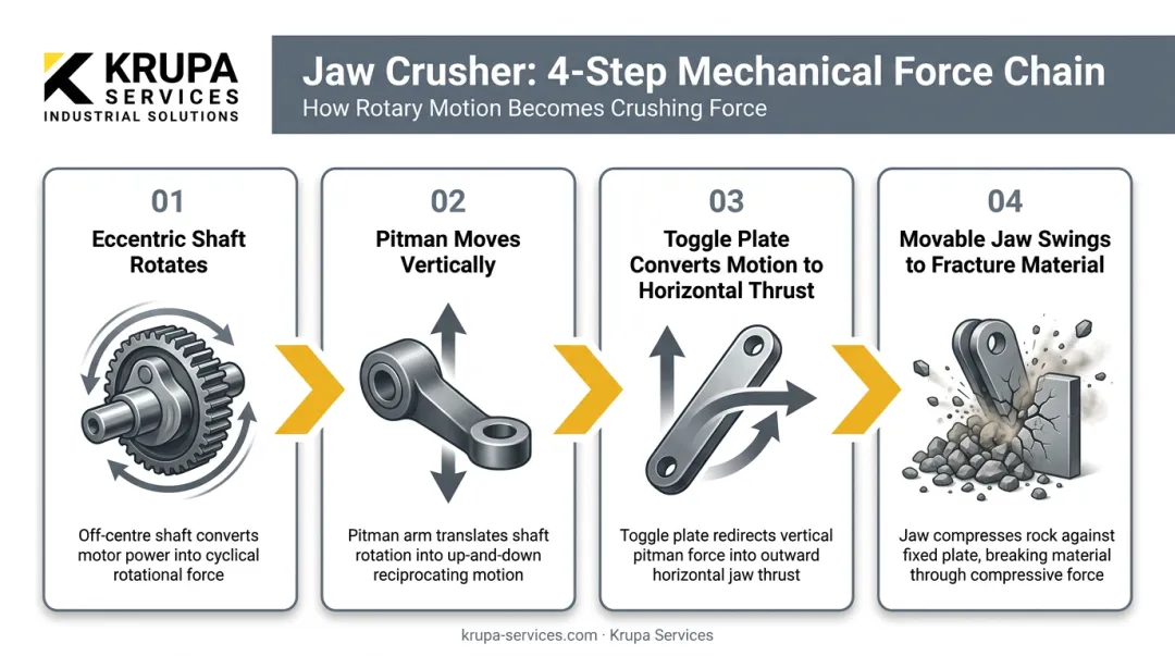 4-step jaw crusher mechanical force chain from eccentric shaft to jaw compression