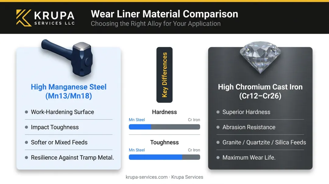 toggle plate material selection comparison manganese steel versus high chromium cast iron properties