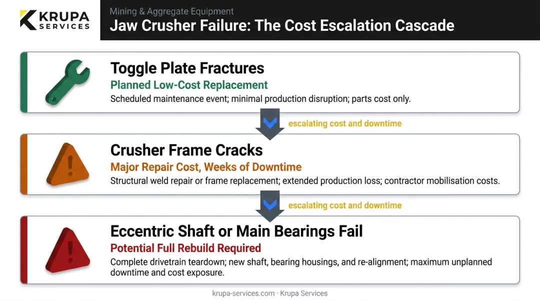 jaw crusher failure hierarchy comparing toggle plate fracture versus frame and shaft damage costs