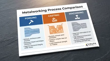 Forging versus casting versus machining grain structure comparison infographic