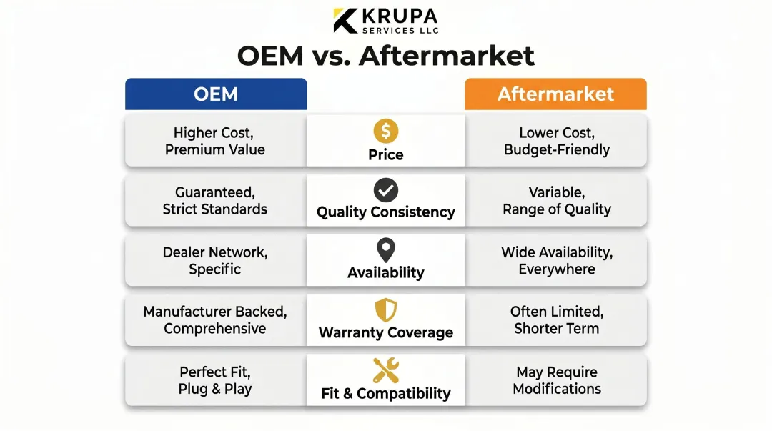 OEM versus aftermarket parts five-factor comparison infographic chart