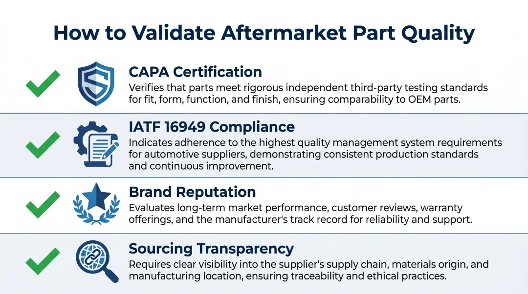 Aftermarket parts quality assurance four-step certification validation checklist infographic
