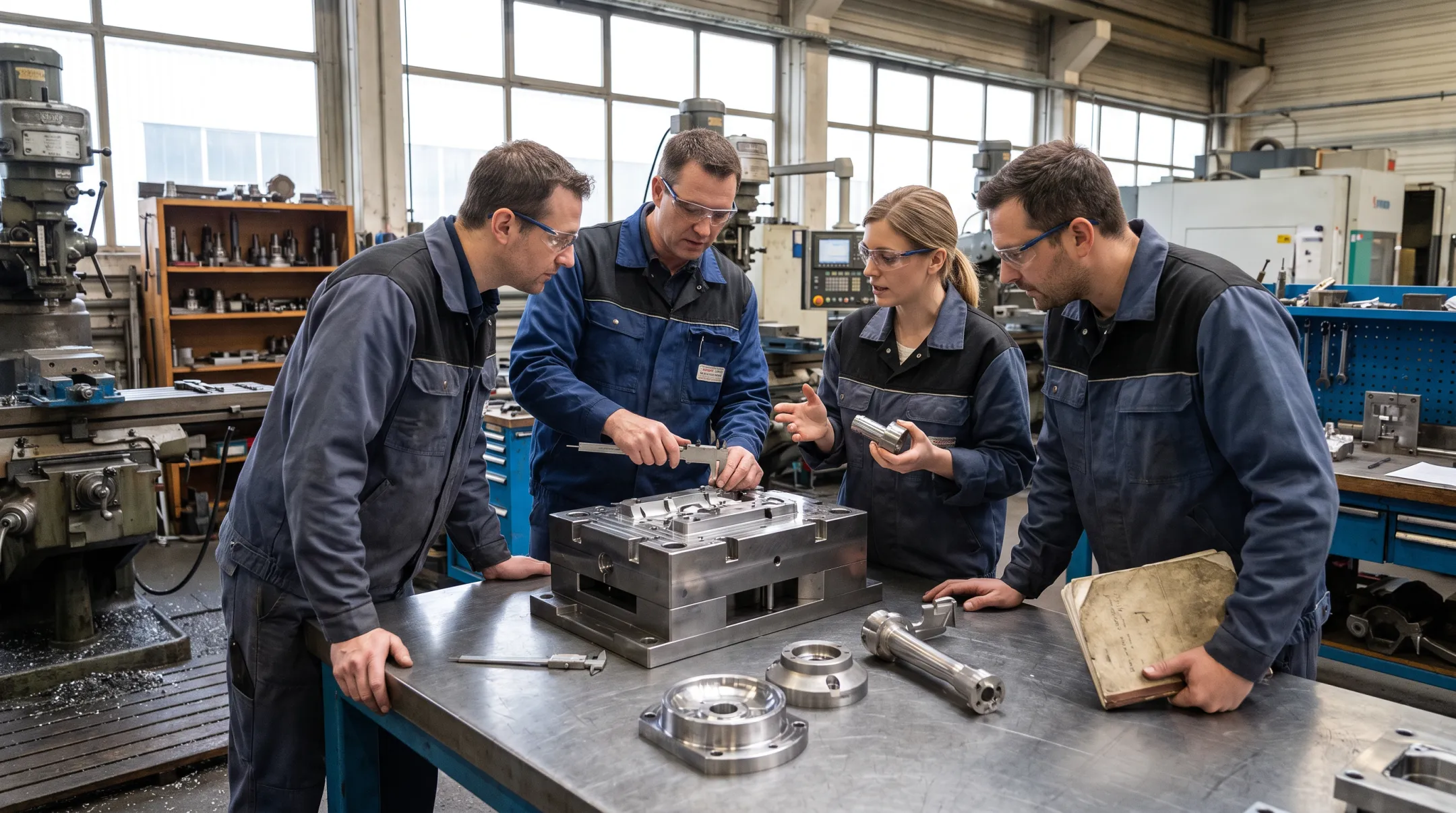 Manufacturing engineers reviewing precision casting and tooling requirements