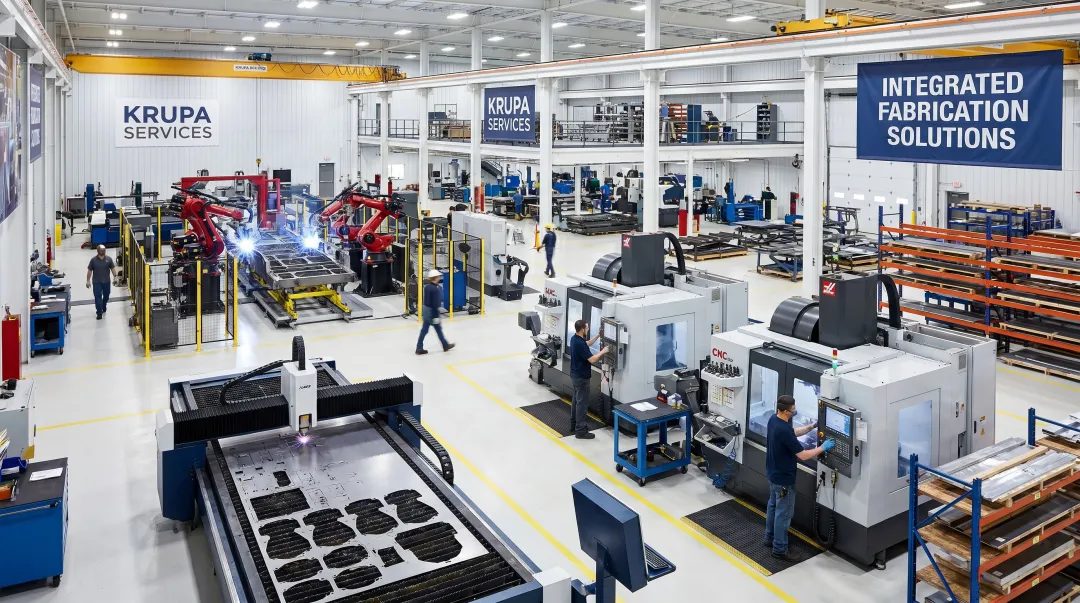 Krupa Services integrated fabrication facility showing laser cutting and CNC machining operations