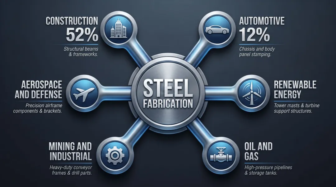 Steel fabrication key industries breakdown showing construction automotive and energy sectors