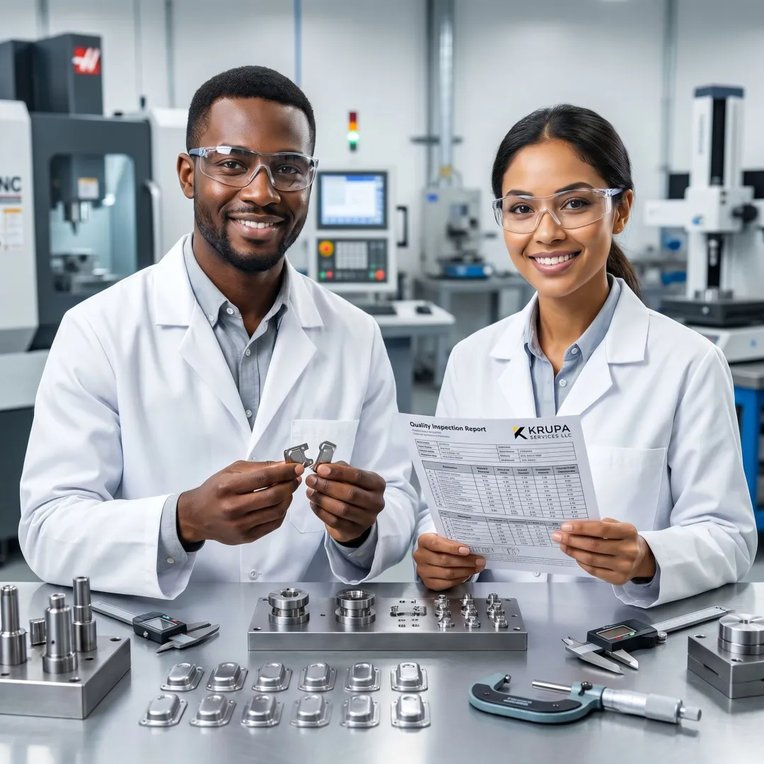 Engineers reviewing precision stamped metal components and tooling