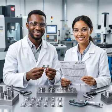 Engineers reviewing precision stamped metal components and tooling