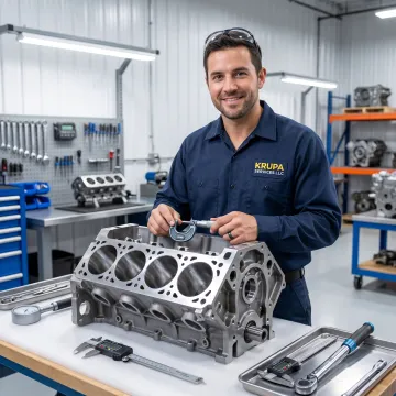 Technician inspecting a remanufactured engine block